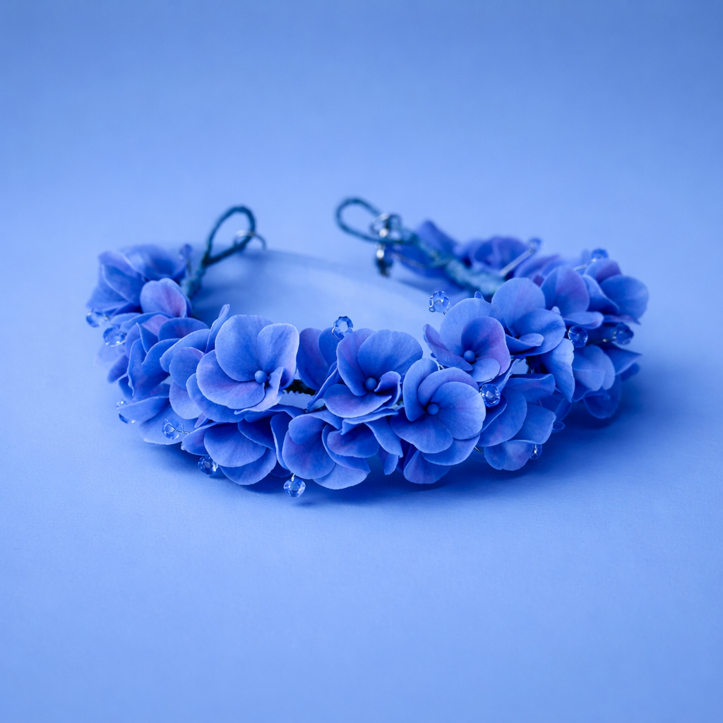 Blue Hydrangea Cuff Bracelet with Crystal Drops | Floral Clay Jewelry