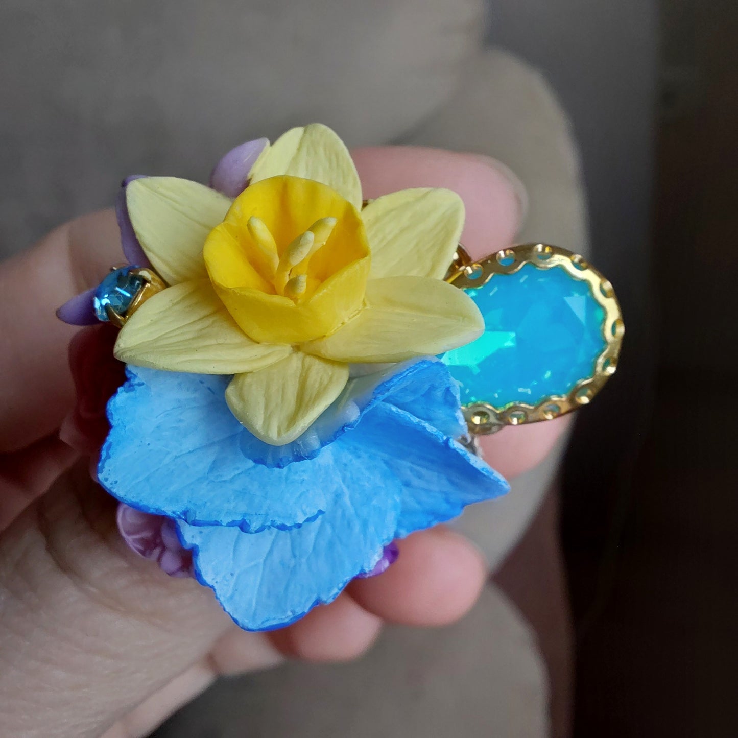 Spring Bouquet Ring | Daffodil, Rose & Hydrangea Clay Jewelry
