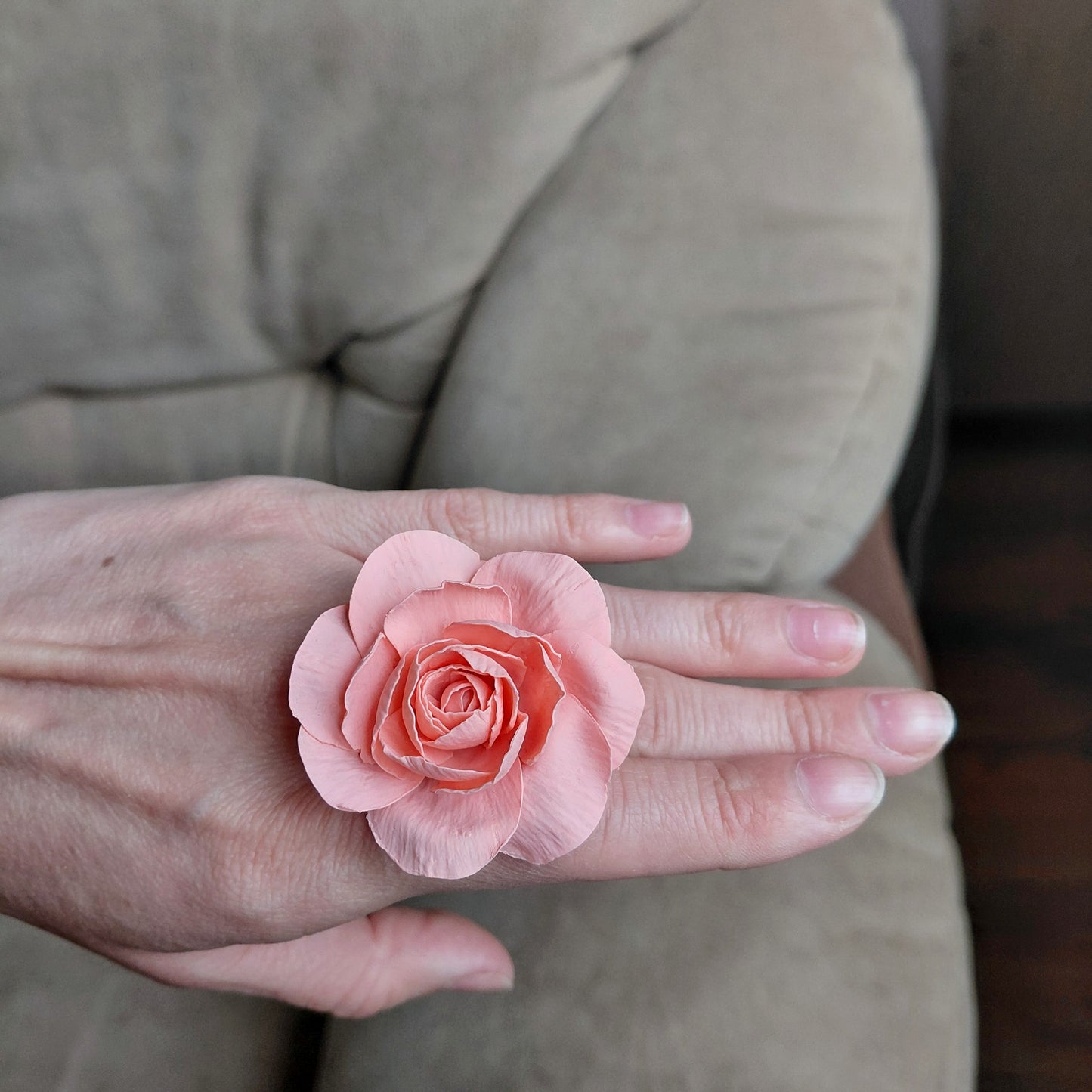 Pink Rose Ring | Large Floral Clay Jewelry