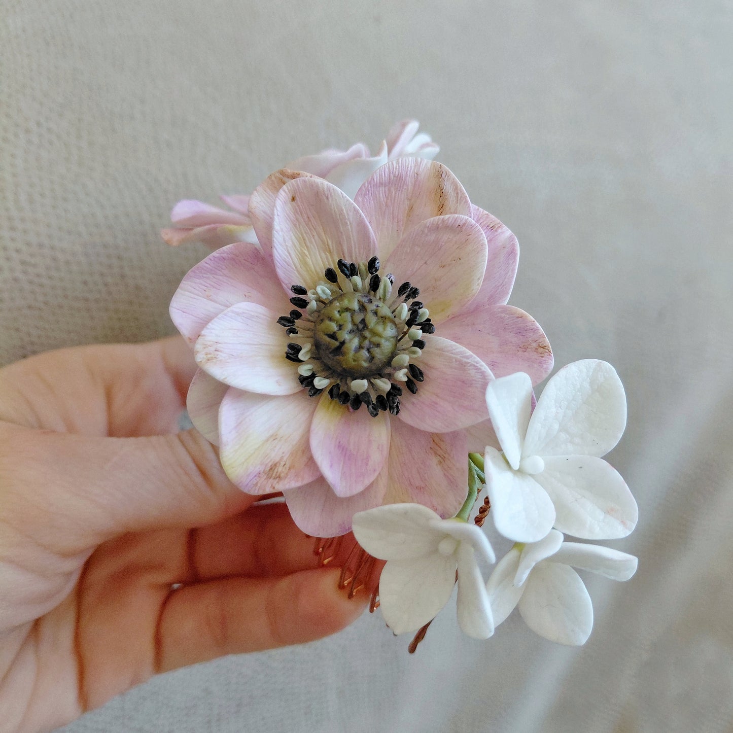Anemone Pink & White Blossom Bridal Hair Comb