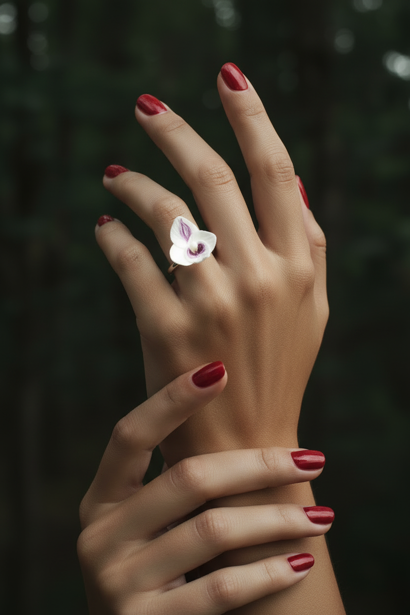 Woman's hand wearing a handmade polymer clay white flower cluster ring — lifelike botanical sculpture that wraps gently around the finger. Unique floral statement ring by MissAilin Jewelry, handcrafted in Ukraine.