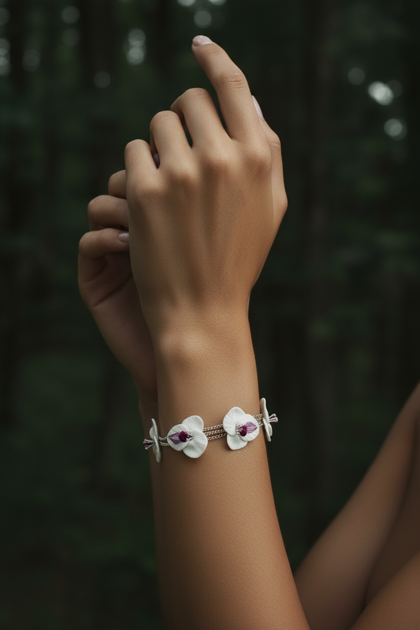 Woman's wrist adorned with a handmade polymer clay flower bracelet — delicate white blossoms sculpted petal by petal. Lightweight botanical jewelry worn close to the pulse, by MissAilin Jewelry, handcrafted in Ukraine.