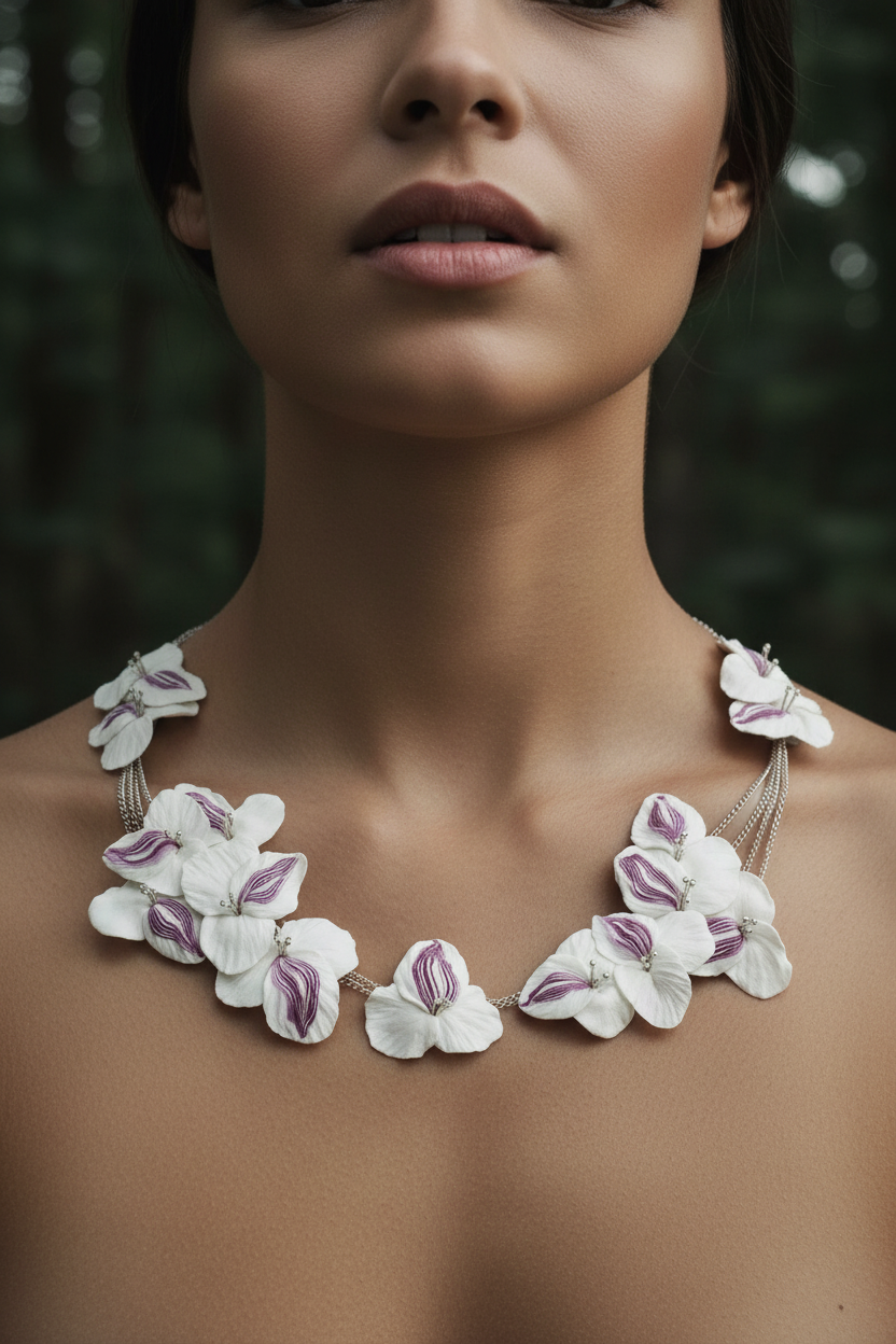 Each piece in this collection is sculpted by hand, petal by petal, from lightweight polymer clay. Delicate floral pendants inspired by real blooms — orchids, hydrangeas, wildflowers. Realistic flower necklaces and pendants 