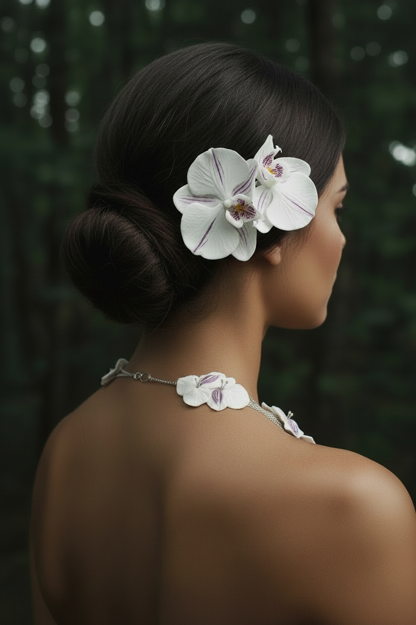 Woman wearing realistic white orchid hair comb — lifelike floral bridal hair accessory sculpted petal by petal. Elegant botanical hair piece for weddings and special occasions