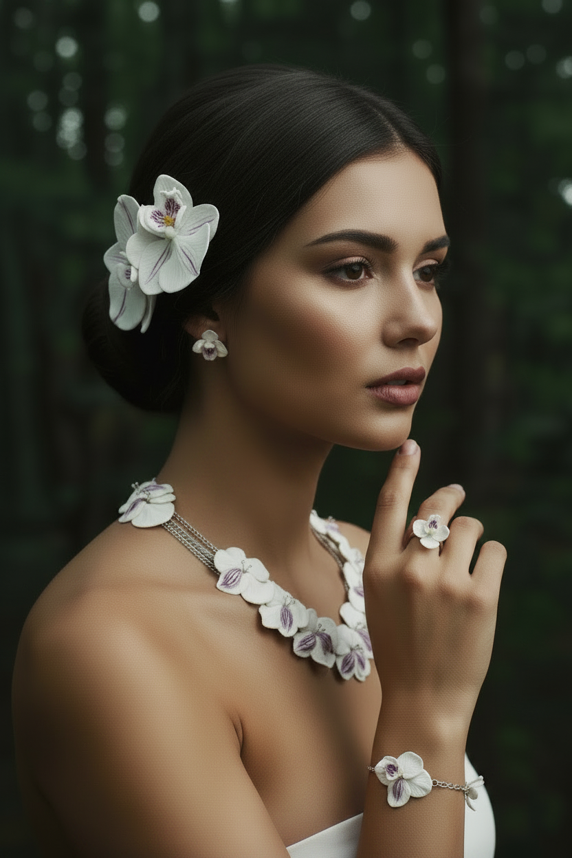  One of a kind handmade polymer clay flower jewelry set — white botanical necklace, earrings and hair pin sculpted by hand. Luxury floral bridal accessories by MissAilin Jewelry