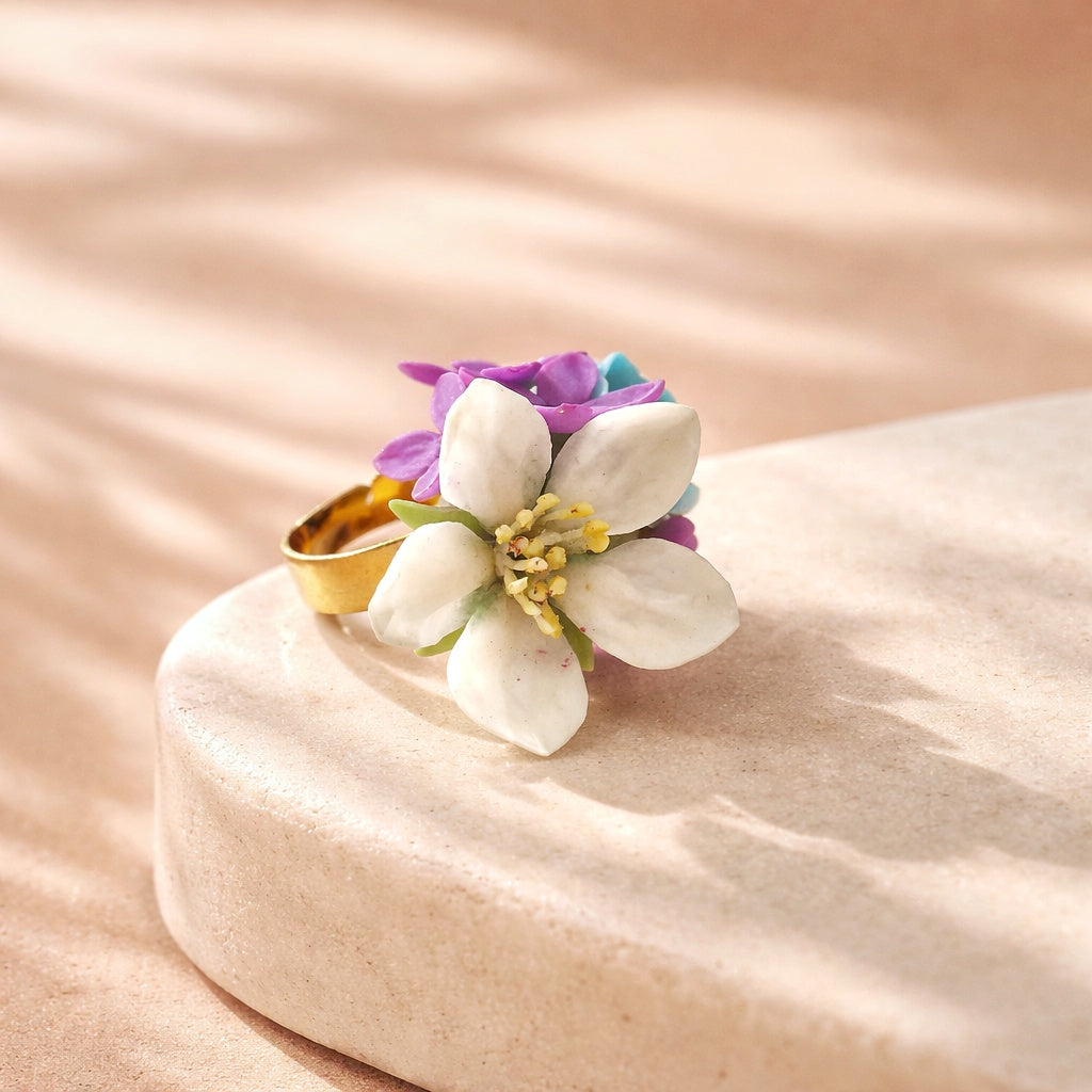Blossom Garden Ring, Apple blossom ring, Clay flowers jewelry