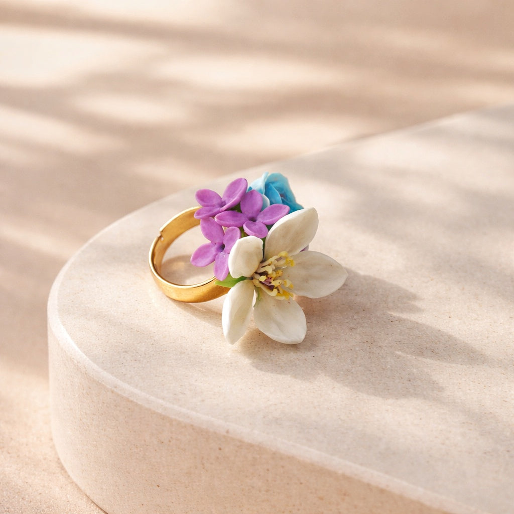 Blossom Garden Ring, Apple blossom ring, Clay flowers jewelry