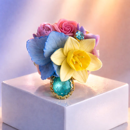 Spring Bouquet Ring | Daffodil, Rose & Hydrangea Clay Jewelry