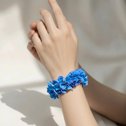 Blue Hydrangea Cuff Bracelet with Crystal Drops | Floral Clay Jewelry