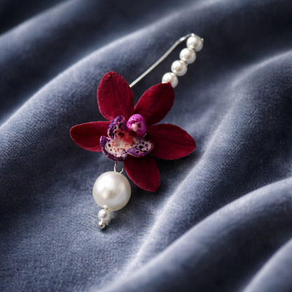 Red Orchid & Pearl Drop Earrings