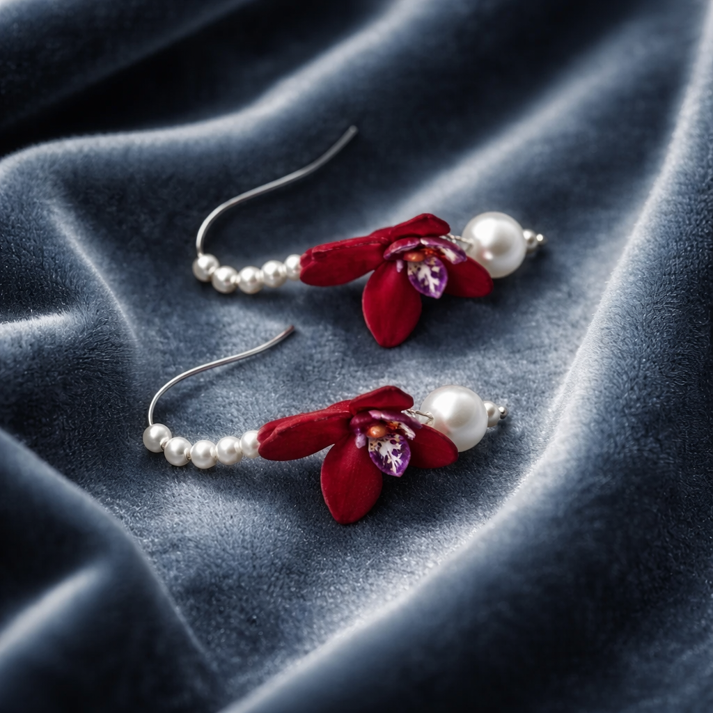 Red Orchid & Pearl Drop Earrings