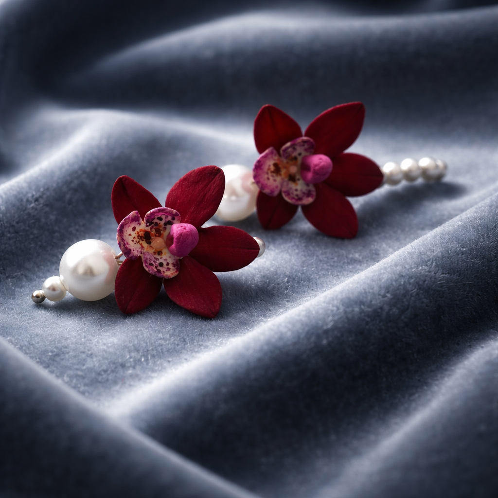 Red Orchid & Pearl Drop Earrings