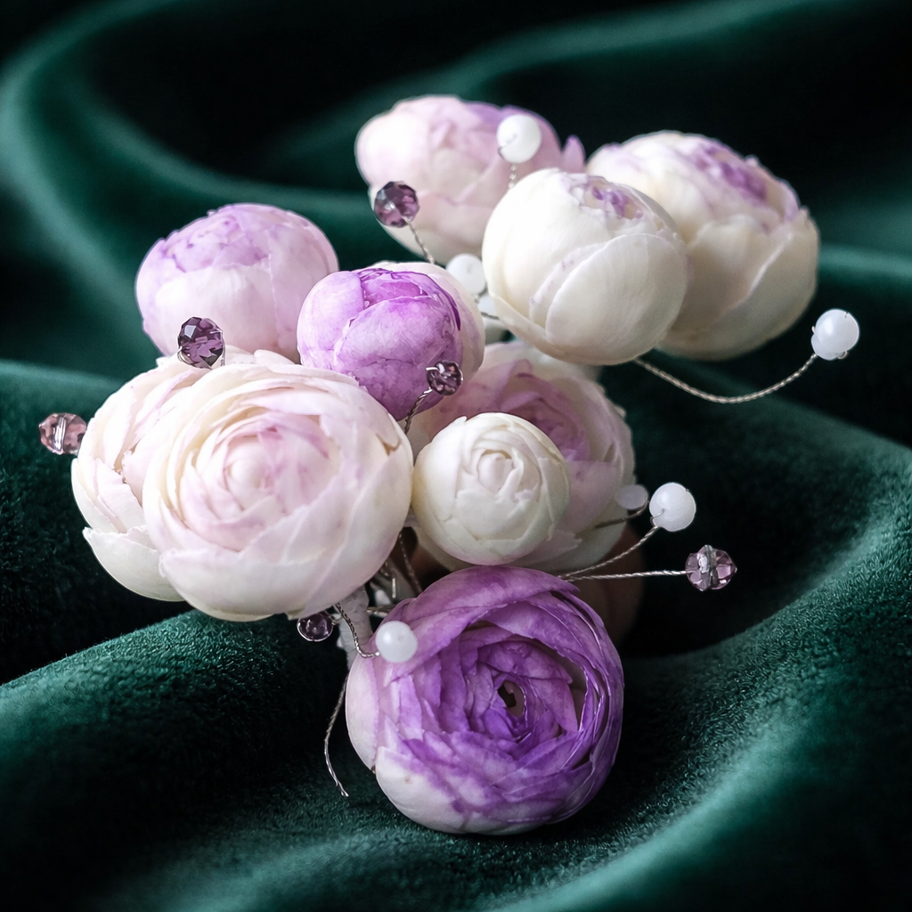 Purple & White Peony Bridal Hair Pins with Crystal Beads — Set of 5