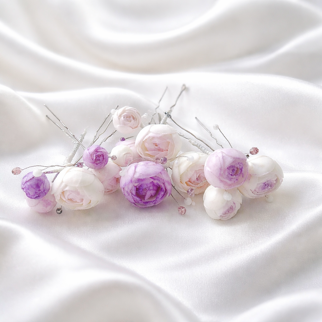 Purple & White Peony Bridal Hair Pins with Crystal Beads — Set of 5
