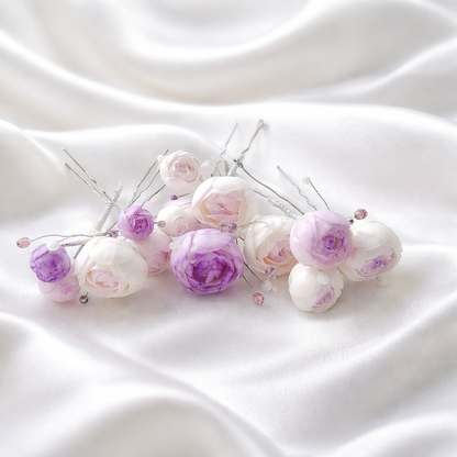 Purple & White Peony Bridal Hair Pins with Crystal Beads — Set of 5