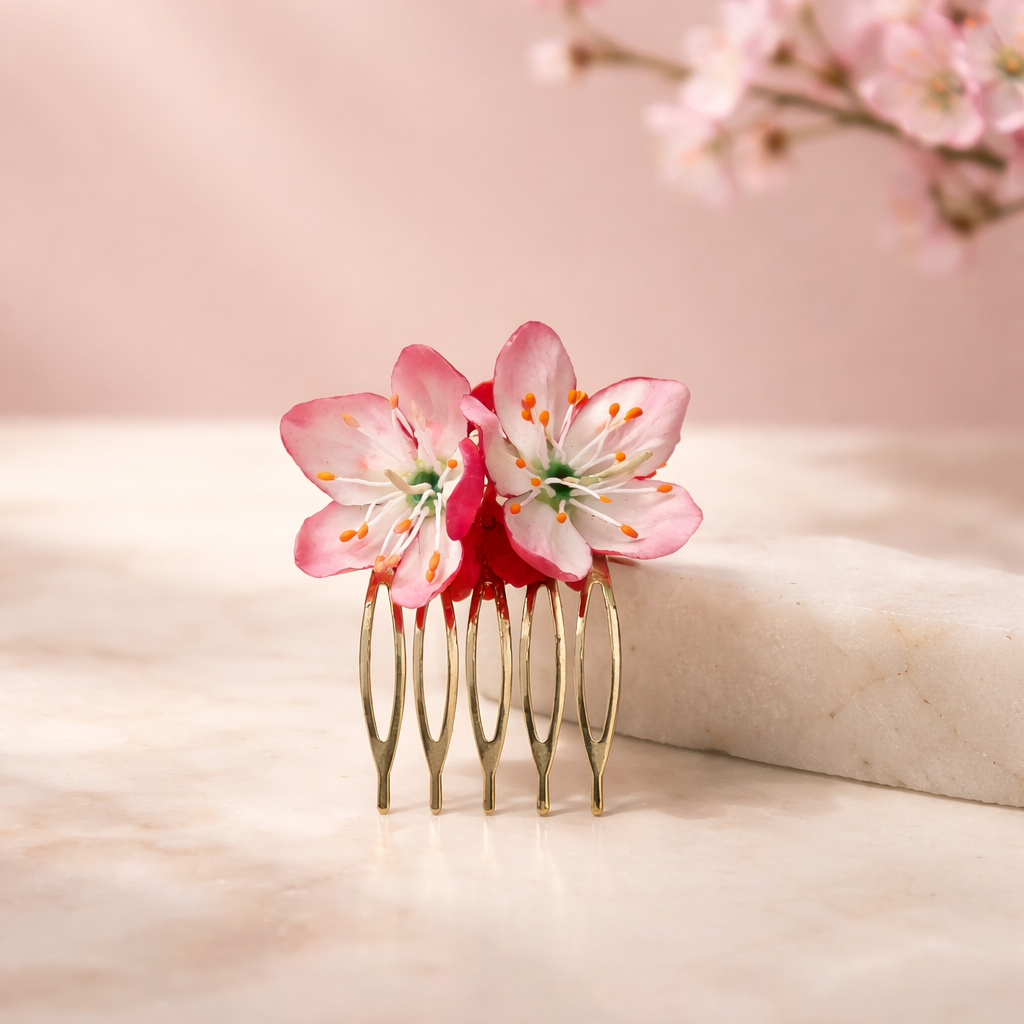 Cherry Blossom Hair Comb | Red Floral Hair Accessory