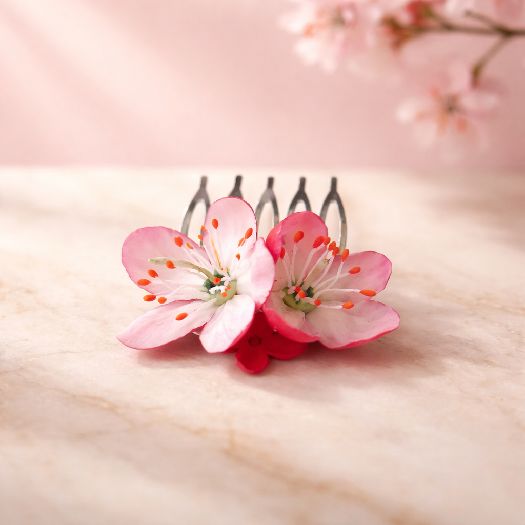 Cherry Blossom Hair Comb | Red Floral Hair Accessory