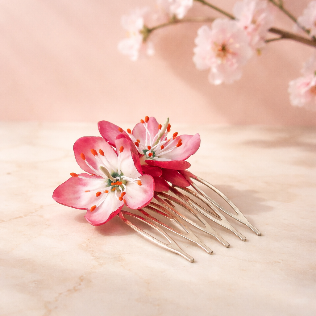 Cherry Blossom Hair Comb | Red Floral Hair Accessory