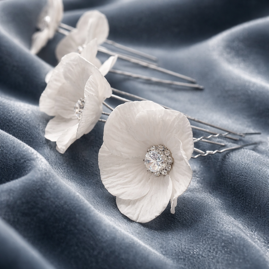White Poppy Bridal Hair Pins with Crystal Center — Set of 5