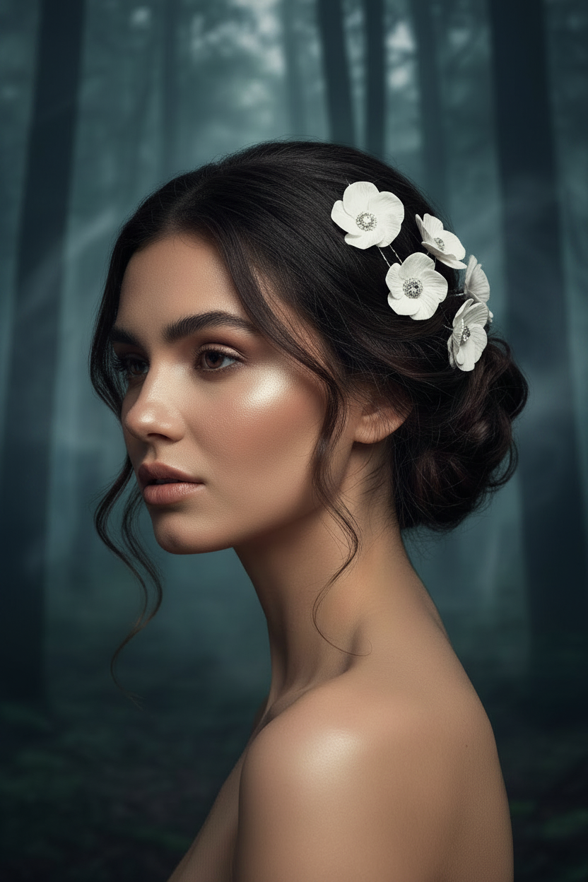 White Poppy Bridal Hair Pins with Crystal Center — Set of 5