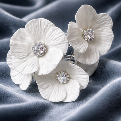 White Poppy Bridal Hair Pins with Crystal Center — Set of 5