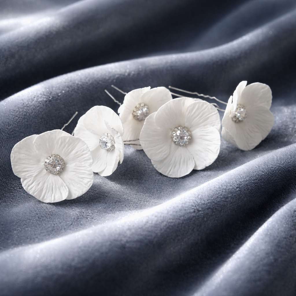White Poppy Bridal Hair Pins with Crystal Center — Set of 5
