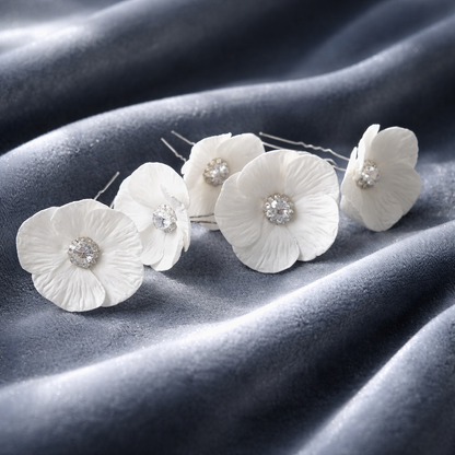 White Poppy Bridal Hair Pins with Crystal Center — Set of 5