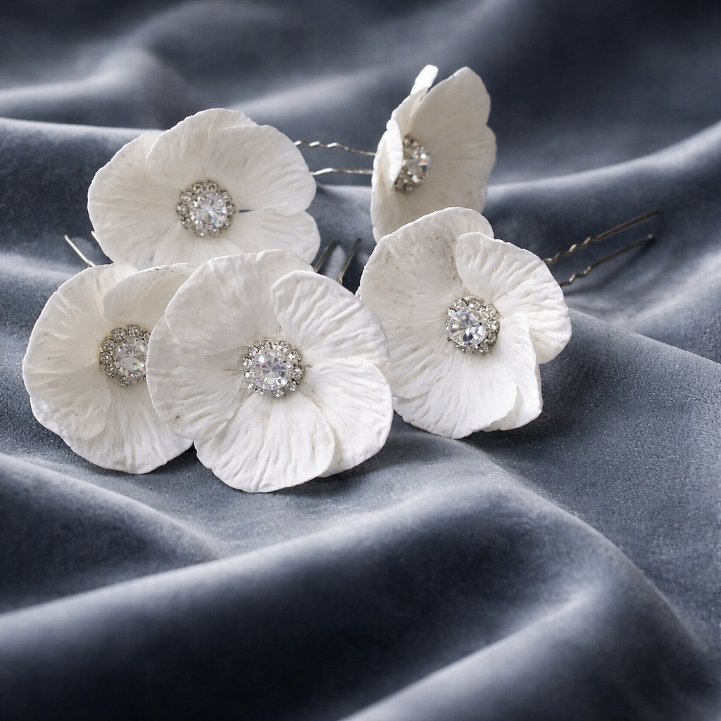 White Poppy Bridal Hair Pins with Crystal Center — Set of 5