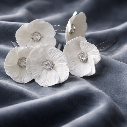 White Poppy Bridal Hair Pins with Crystal Center — Set of 5