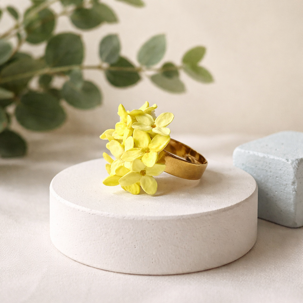 Yellow Hydrangea Ring | Floral Clay Jewelry