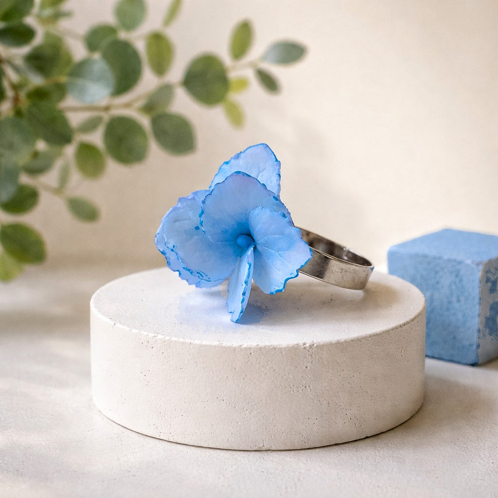 Blue Hydrangea Ring | Floral Clay Jewelry