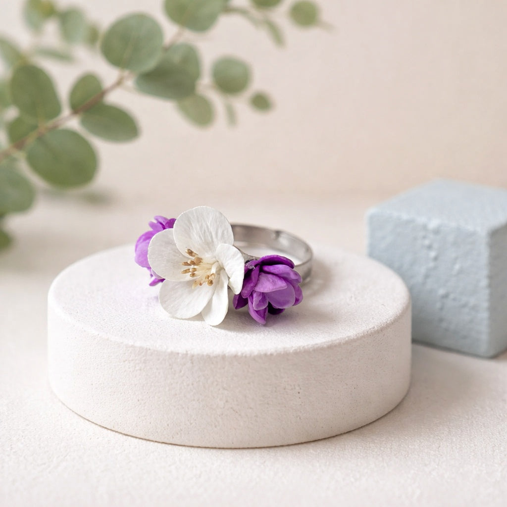 Apple Blossom & Lilac Ring | White & Purple Floral Clay Jewelry