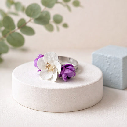 Apple Blossom & Lilac Ring | White & Purple Floral Clay Jewelry