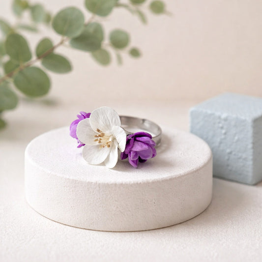 Apple Blossom & Lilac Ring | White & Purple Floral Clay Jewelry
