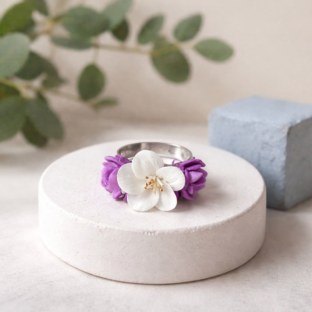 Apple Blossom & Lilac Ring | White & Purple Floral Clay Jewelry