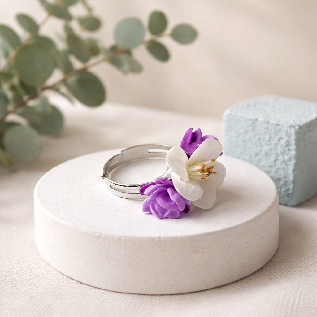 Apple Blossom & Lilac Ring | White & Purple Floral Clay Jewelry