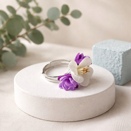 Apple Blossom & Lilac Ring | White & Purple Floral Clay Jewelry