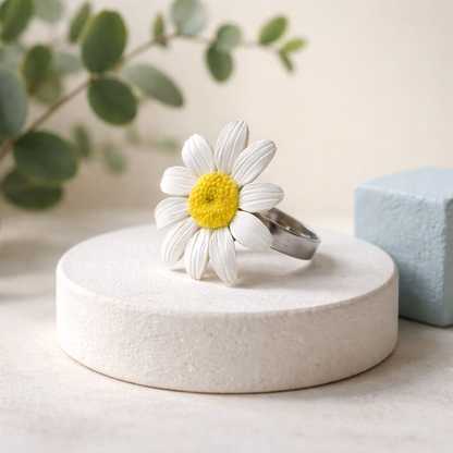 Daisy Ring | White Flower Clay Jewelry