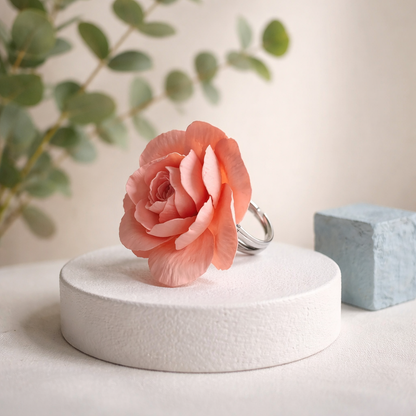 Pink Rose Ring | Large Floral Clay Jewelry