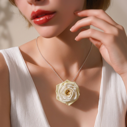 Cream Rose Necklace | White Floral Clay Pendant