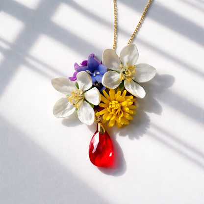 Wildflower Bouquet Necklace | Floral Clay Pendant with Red Crystal Drop