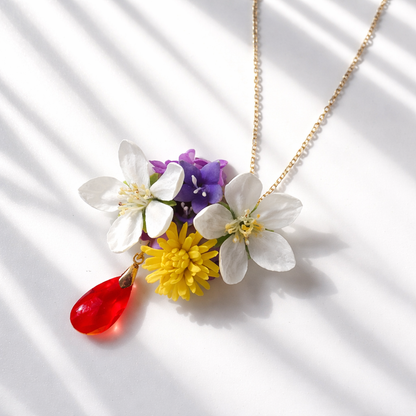 Wildflower Bouquet Necklace | Floral Clay Pendant with Red Crystal Drop