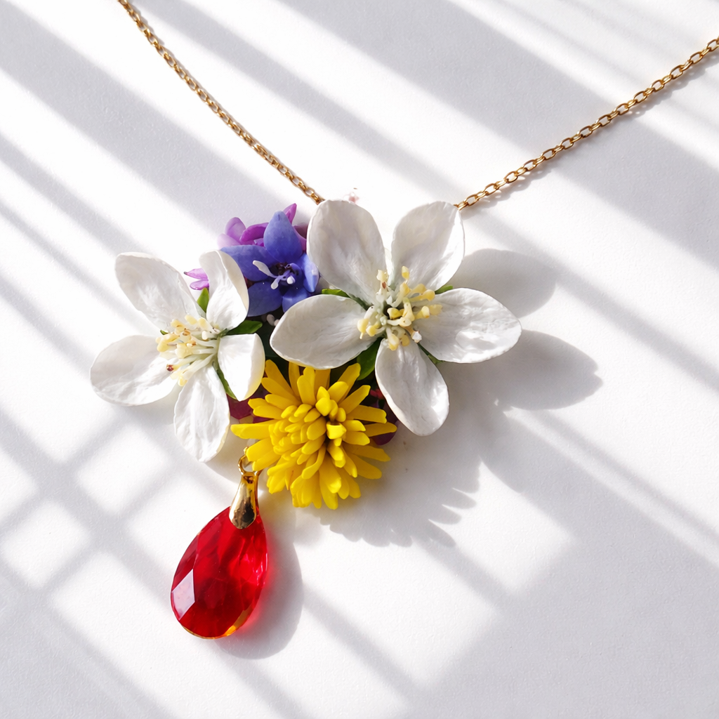 Wildflower Bouquet Necklace | Floral Clay Pendant with Red Crystal Drop