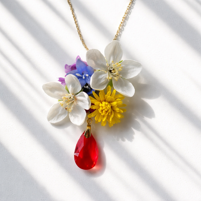 Wildflower Bouquet Necklace | Floral Clay Pendant with Red Crystal Drop