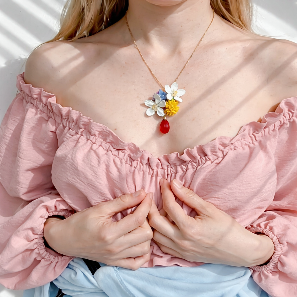 Wildflower Bouquet Necklace | Floral Clay Pendant with Red Crystal Drop