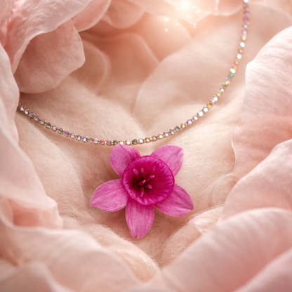 Pink Daffodil Necklace | Floral Clay Pendant on Crystal Chain