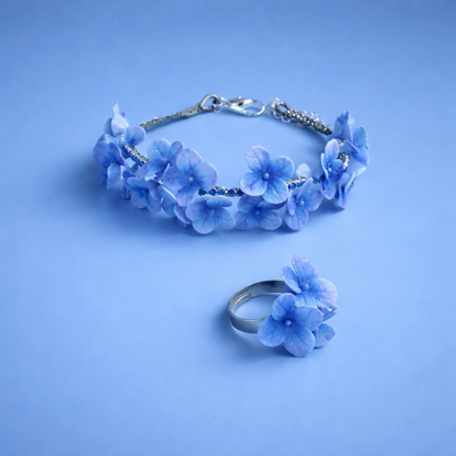 Blue Hydrangea Bracelet & Ring Set | Floral Clay Jewelry