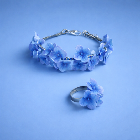 Blue Hydrangea Bracelet & Ring Set | Floral Clay Jewelry
