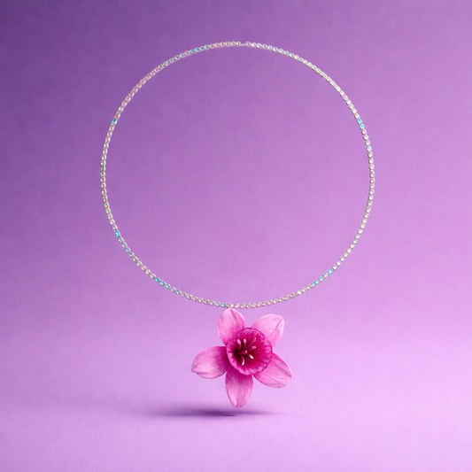 Pink Daffodil Necklace | Floral Clay Pendant on Crystal Chain