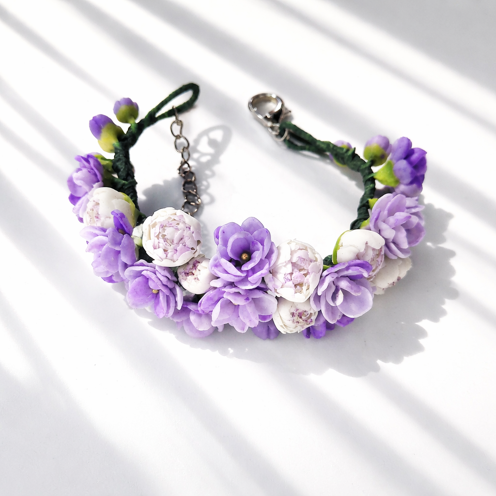 Lavender Peony & Violet Flower Bracelet | Floral Clay Jewelry
